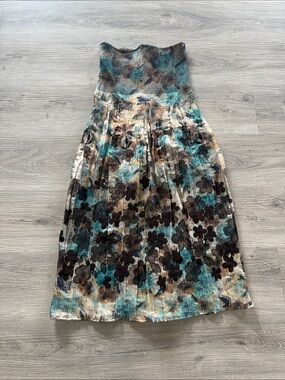 Floral Smocked Waist Midi Skirt in Teal and Brown size 1
